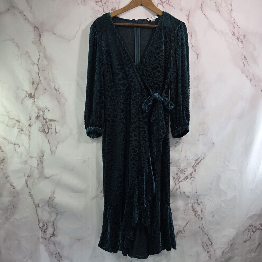 Calvin Klein Dress Women 12 Large Green Leopard Velvet Ruffle V Neck Long Midi